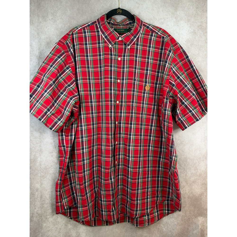 Lauren Ralph Lauren Button Down Men XXL Red Plaid Short Sleeve Crest Logo Shirt